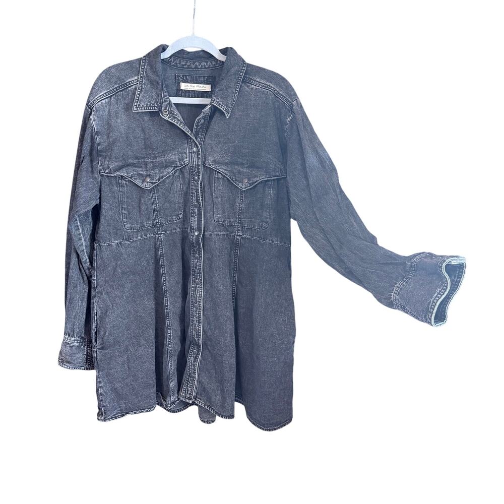 We the free people black wash denim snap front dress large 100% cotton western